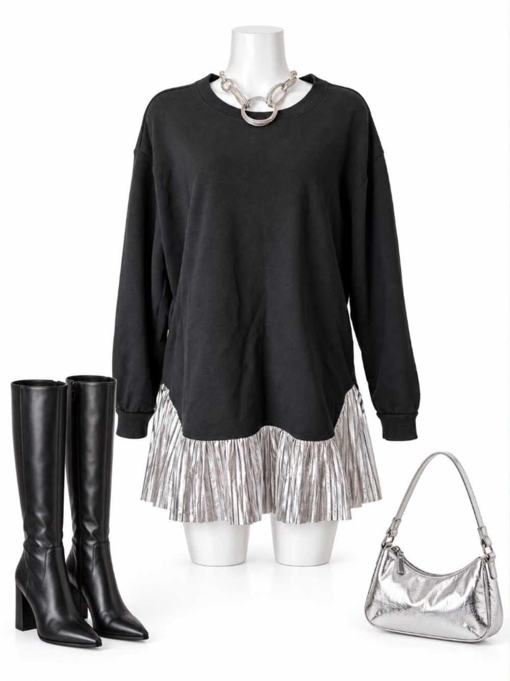 Pilcro Black Metallic Pleated Ruffle Hem Tunic Top XS